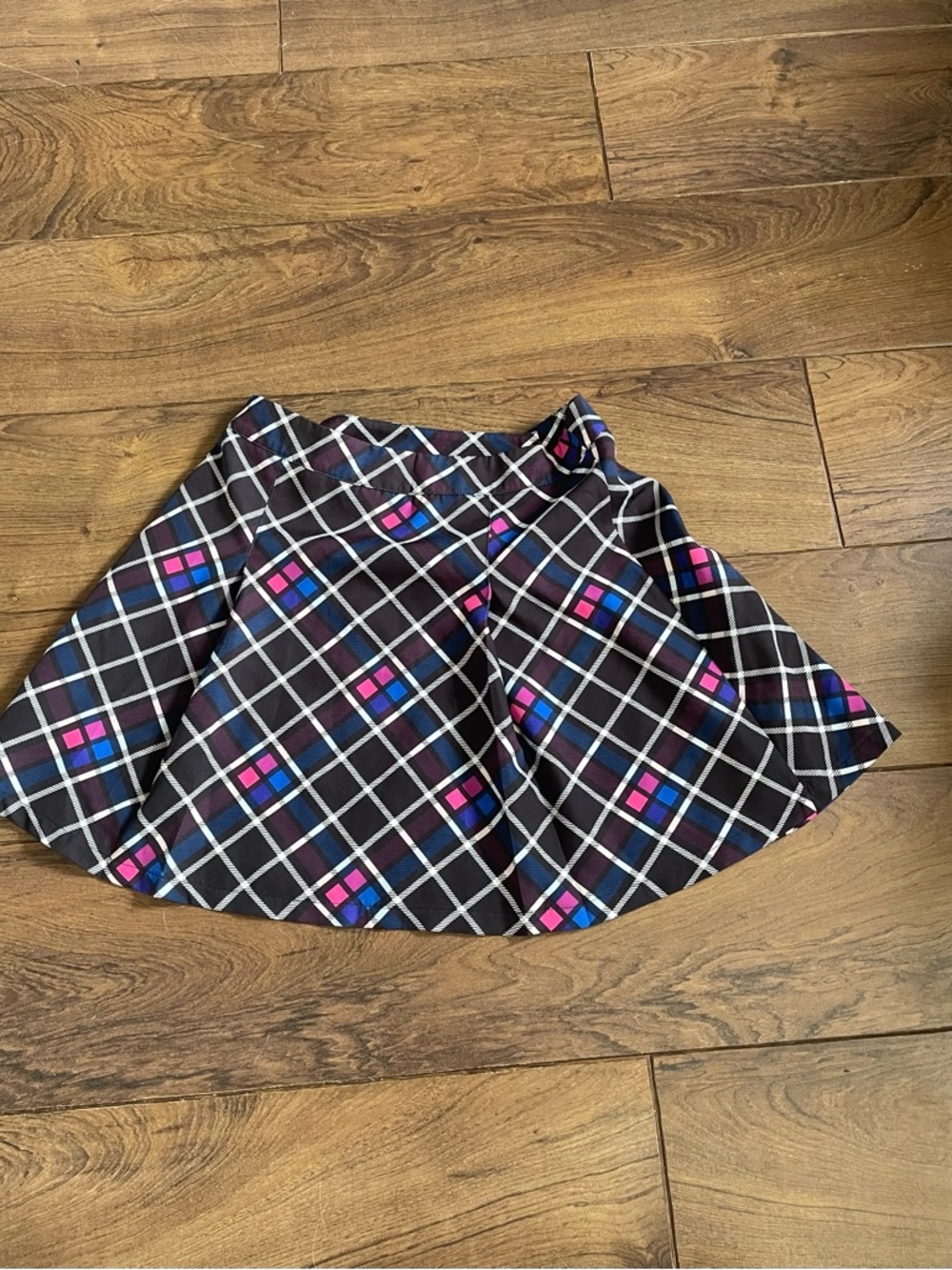Hot Topic Black Plaid Circle Skirt with Pink & Blue Accents